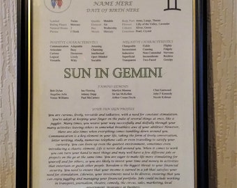 Personal Sun Sign Profile - GEMINI - printed ready for framing - horoscope, birthday, astrology, Christmas, baptism, Mothers Fathers Day