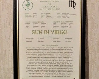 Personal Sun Sign Profile - VIRGO - printed ready for framing - horoscope, birthday, astrology, Christmas, baptism, Mothers Fathers Day