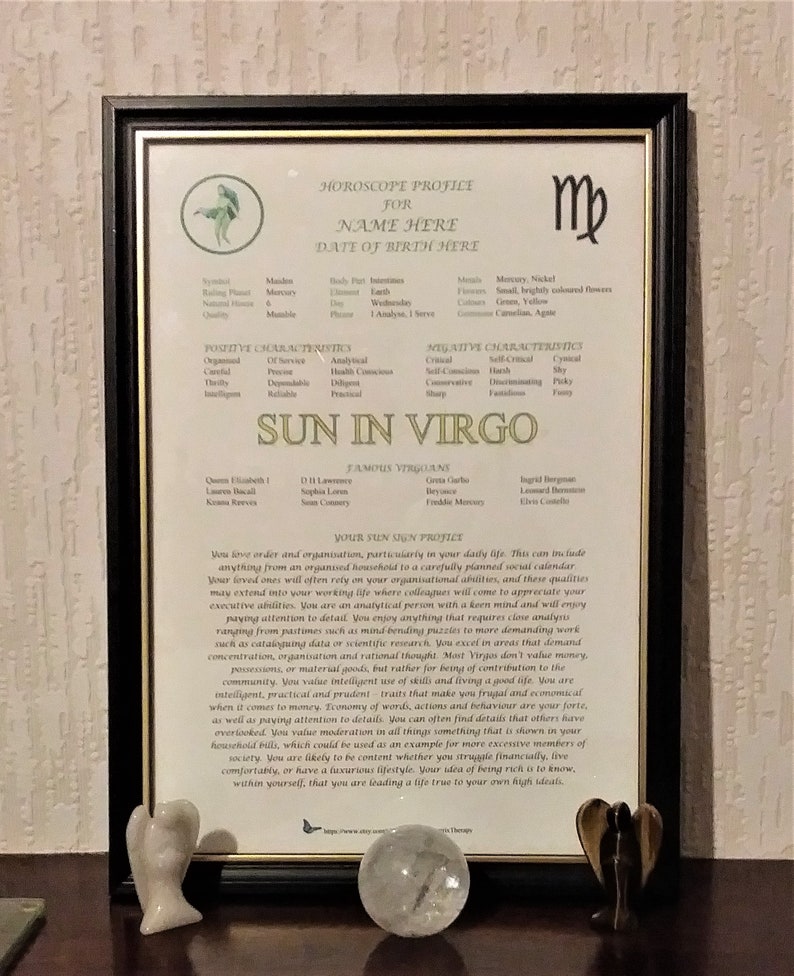 Personal Sun Sign Profile VIRGO printed ready for framing horoscope, birthday, astrology, Christmas, baptism, Mothers Fathers Day image 1