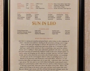Personal Sun Sign Profile - LEO - printed ready for framing - horoscope, birthday, astrology, Christmas, baptism, Mothers Fathers Day