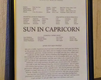 Personal Sun Sign Profile - CAPRICORN - printed ready for framing - horoscope, birthday, astrology, Christmas, baptism, Mother's Fathers Day