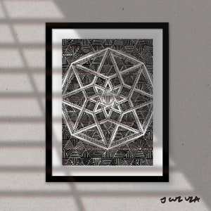 May include: Black and white geometric design with a repeating pattern of lines and shapes. The design is framed in a black frame.