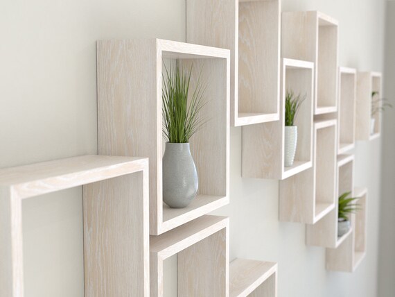 Limed Oak Square Wall Shelf In Solid Cube Image 0