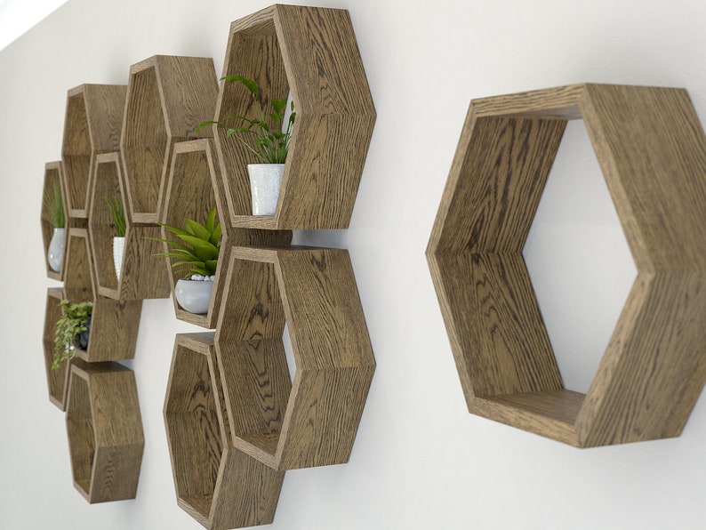 Hexagon Wall Shelf in Solid Oak Dark Oak Shelf Etsy