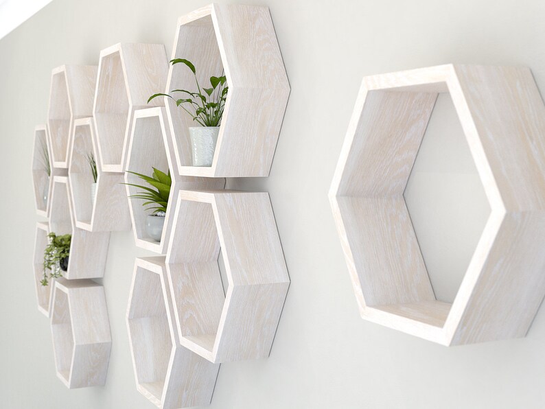 Limed White Hexagon Wall Shelf In Solid Oak Honeycomb Image 0 1
