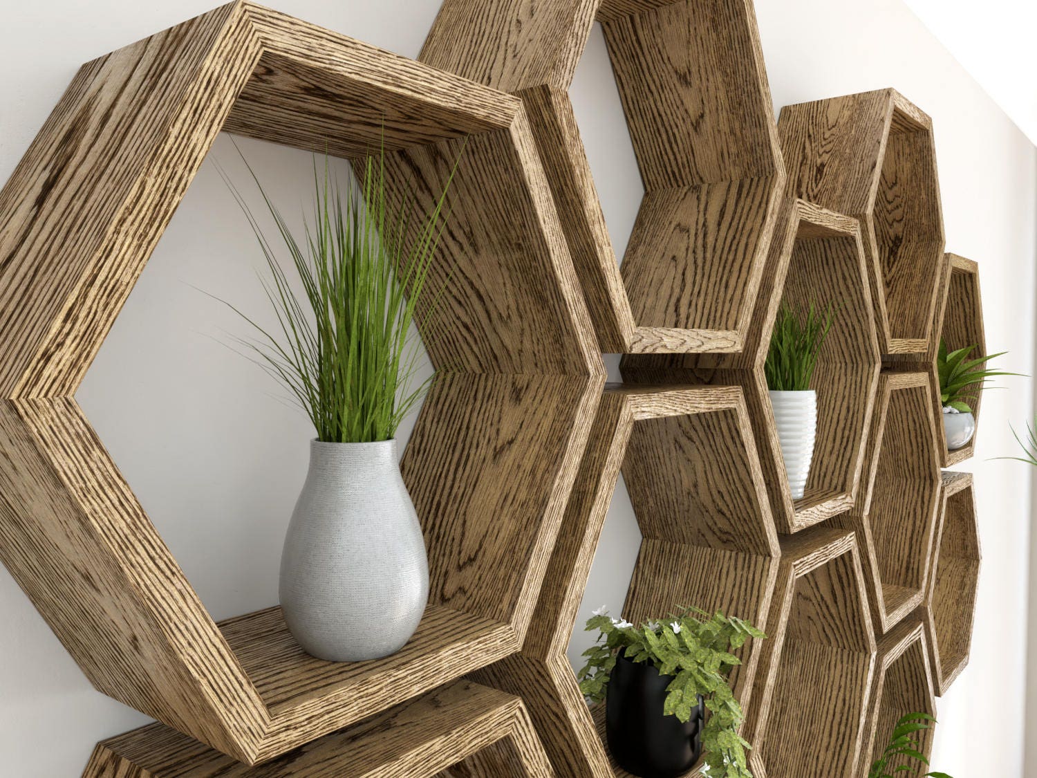 Hexagon Wall Shelf in Solid Oak Dark Oak Shelves