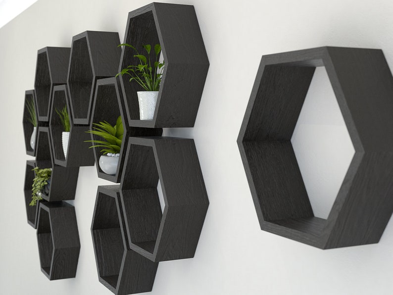 Hexagon Wall Shelf in Solid Oak Black Oak Honeycomb Shelf | Etsy