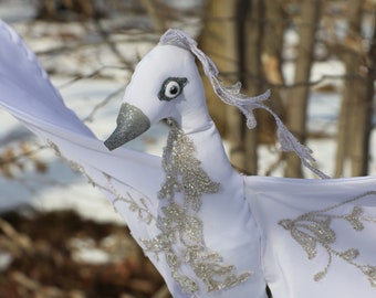 42" Wingspan White Satin Snow Bird/Stork Stuffed Animal with Silver Lace Detailing