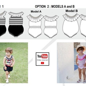 Baby romper pattern , girl romper bubble , bubble romper pattern for baby, ruffled baby romper , 3 variations included , sizes pm - 4T ,