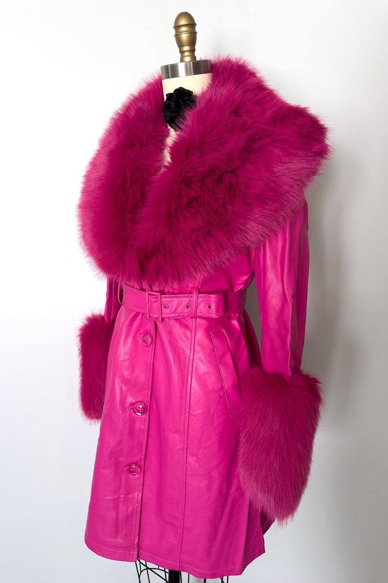 Old Hollywood Glam Pink Faux Fur Jacket | Mae West Inspired Belted Statement Coat image 3