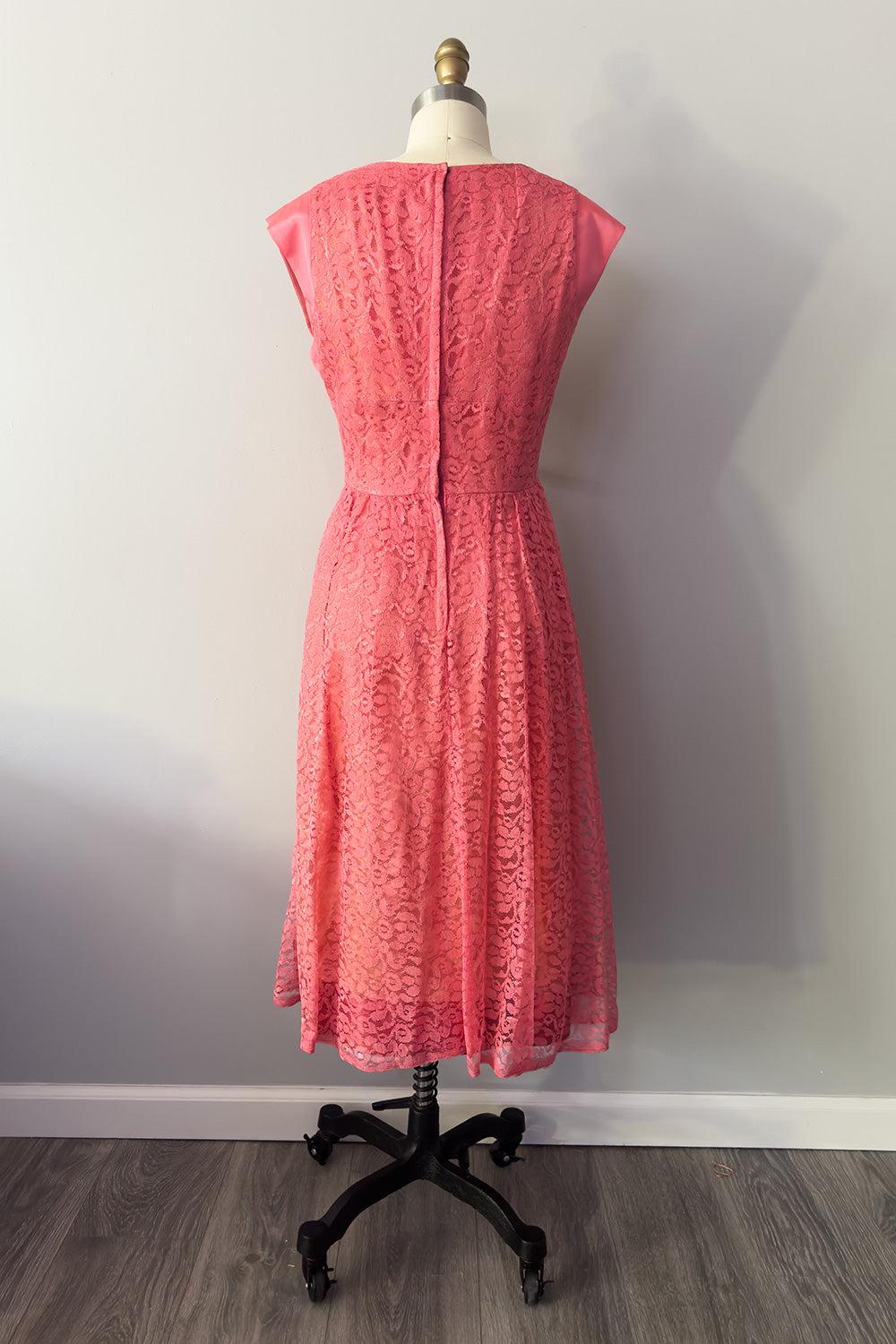 Watermelon Pink Lace Day Dress with Satin Cap Sleeves