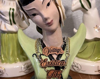 Vintage, Tiki or Exotica Wood Engraved Choker Necklace
