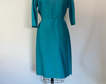 Vestido estilo Mad Men con efecto deshilachado, color verde azulado auténtico, mangas de 3/4" - VENTA FINAL