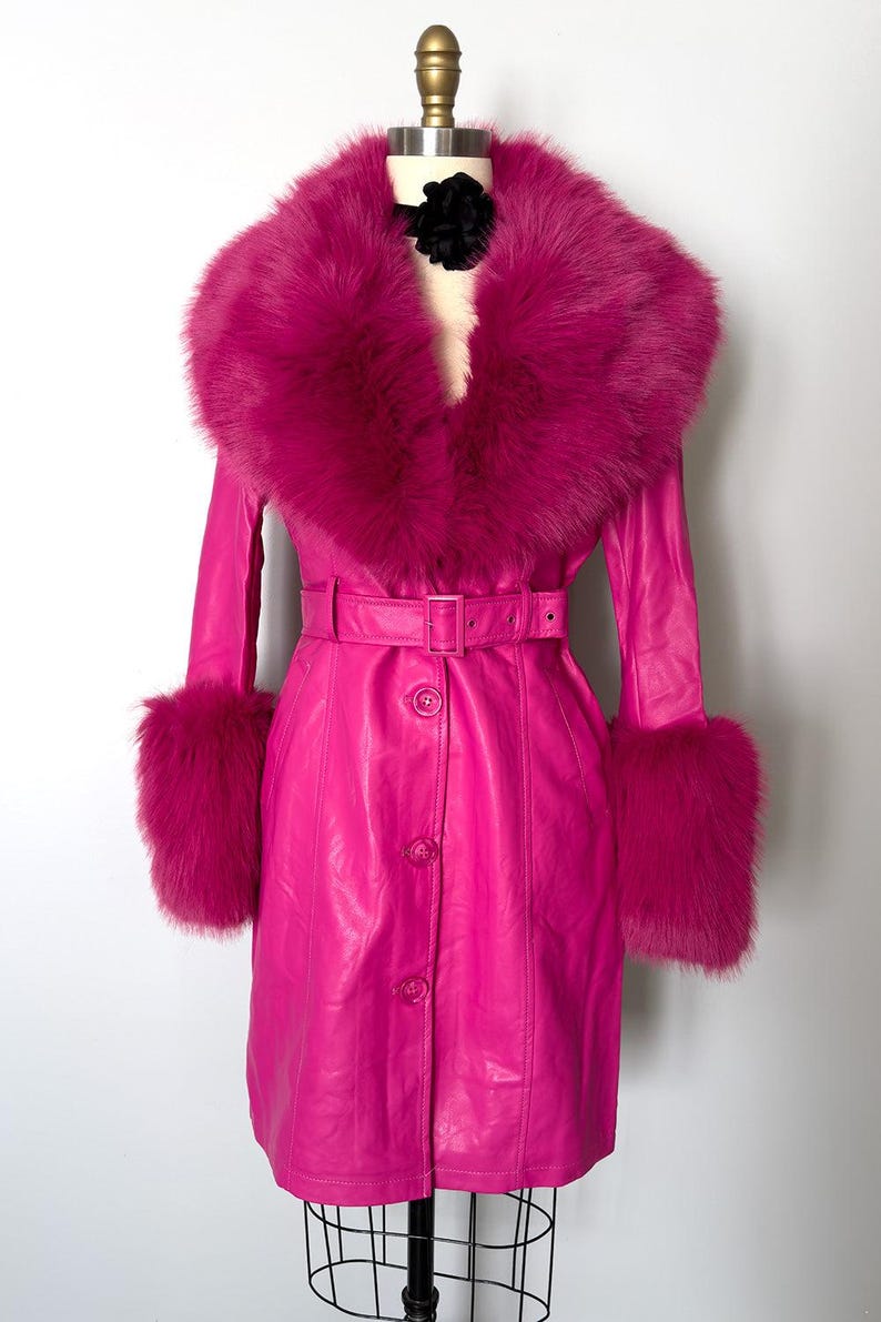 Old Hollywood Glam Pink Faux Fur Jacket | Mae West Inspired Belted Statement Coat image 1