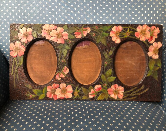 Rare Vintage Burntwood, Pyrography Picture Frame, Embellished With Hand