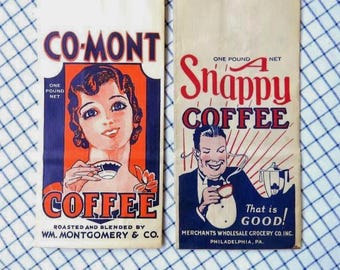 Six Vintage Colorful Coffee Bags, one pound, Co-Mont Coffee & A Snappy Coffee.