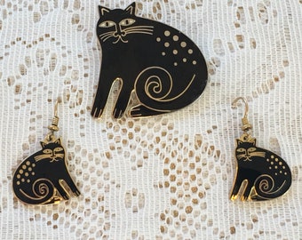 Laurel Burch trio of black "Keshire Cats" earrings with brooch. Vintage