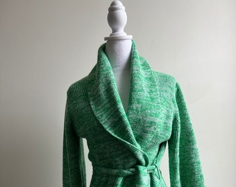 vintage Dead Stock années 1970 Cardigan cravate en tricot espace vert et blanc avec manches cloche. Taille S/M