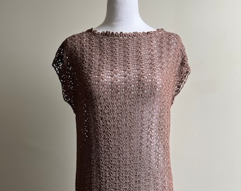 Vintage 1970s mauve crochet, macramé see through wiggle dress. Women's M.
