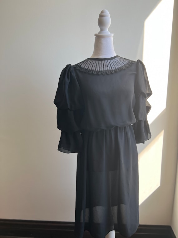 Vintage 1980s black, sheer, goth, ruffle dress. W… - image 3