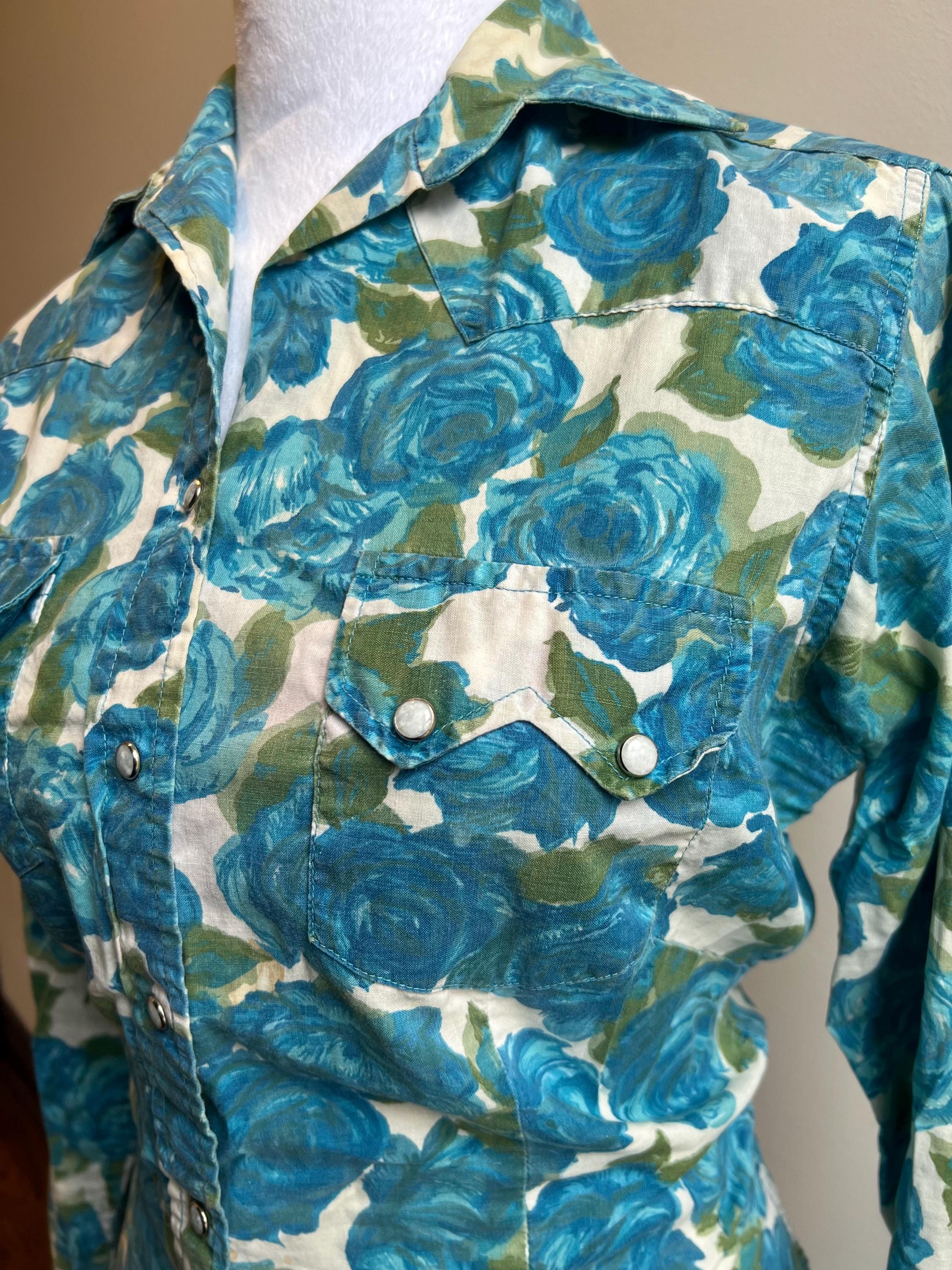 Vintage Porter. Women's Western Shirt With Blue Rose Print
