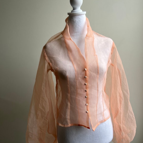 Sheer pink ballon sleeve organza blouse. Never been worn dead stock see-through top. Size )