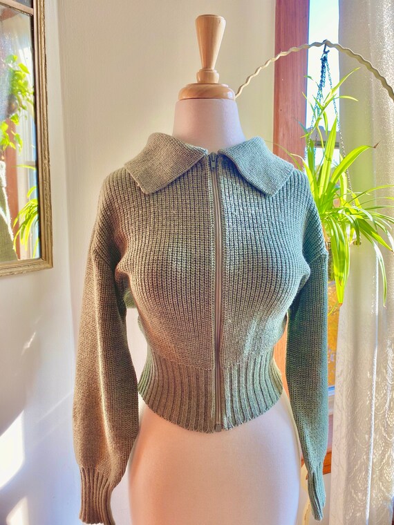 Vintage French girl balloon sleeve zip up cropped