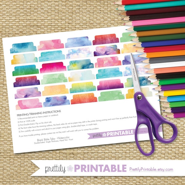 Printable Blank Bible Tabs - Watercolor (for Hand Trimming) Set of 30