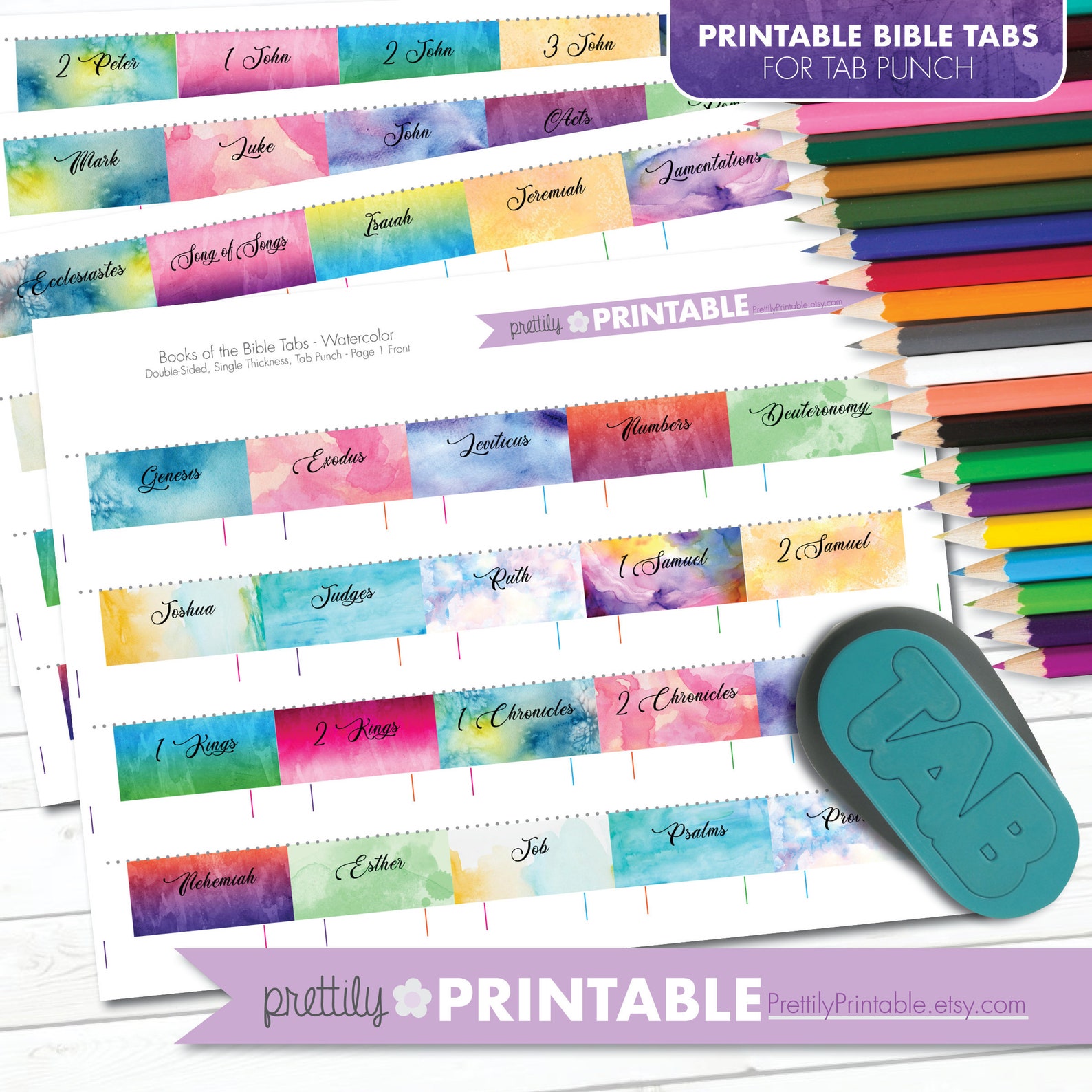 Printable Books of the Bible Tabs - Watercolor (for Tab Punch) Set of ...