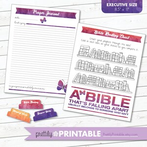 May include: Printable prayer journal and Bible reading chart with a watercolor background and butterfly accents. The chart features a bookshelf with spaces to color in each book of the Bible as you read it. The quote "A Bible that's falling apart usually belongs to someone who isn't" is printed below the chart.