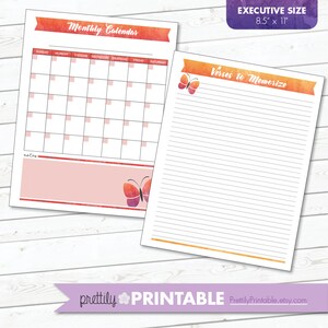 May include: Printable planner with a monthly calendar and a page for verses to memorize. The pages have a watercolor background with a butterfly design. The planner is 8.5 inches by 11 inches.