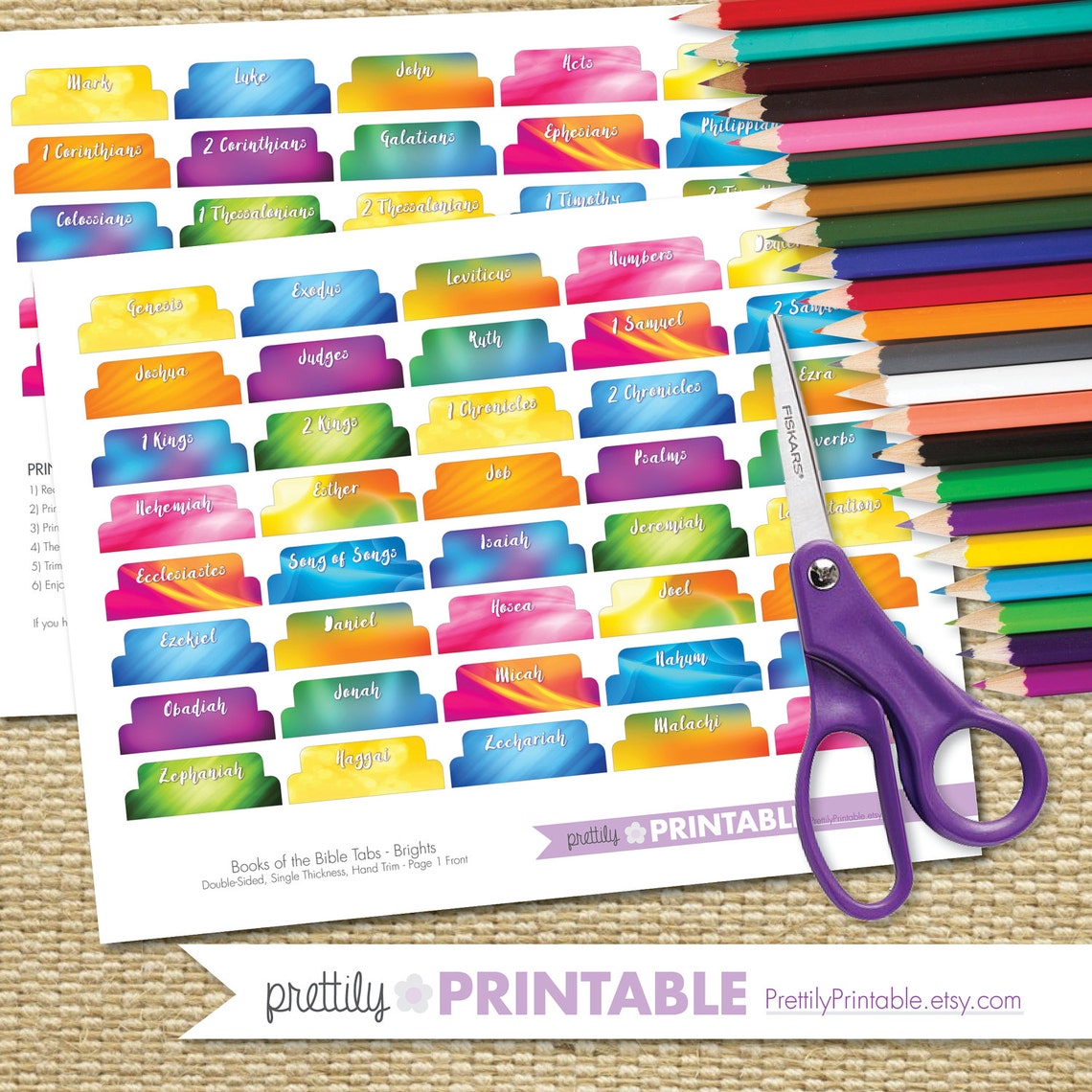 Printable Books of the Bible Tabs Brights for Hand Trimming Set of 66