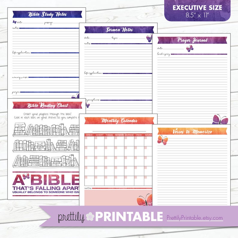 May include: Printable planner pages with a watercolor background and butterfly accents. The pages include sections for Bible study notes, sermon notes, prayer journal, a monthly calendar, and verses to memorize. The text "A Bible that's falling apart usually belongs to someone who isn't reading it" is included.