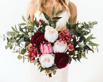 Wedding bouquet pink blush maroon ivory, pink king protea bouquet