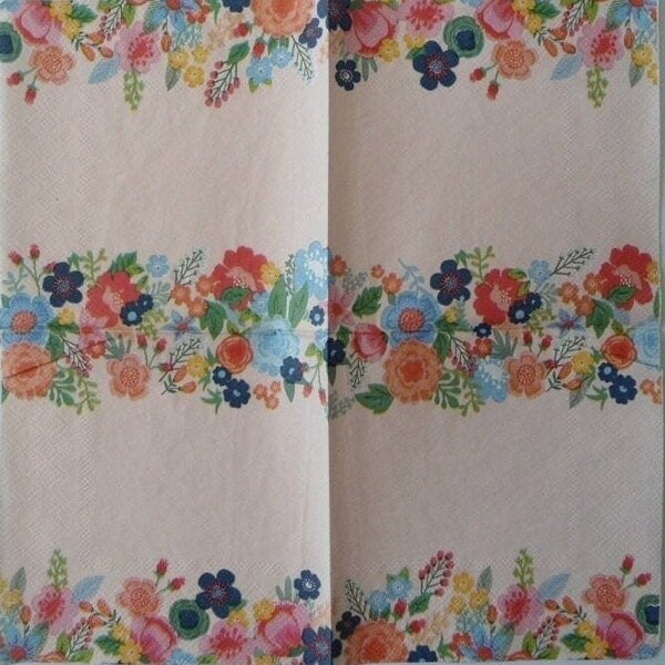 4 Decoupage Cocktail Napkins Peach with Floral Border Garden Pink Green Blue Orange Yellow Flowers Beverage Paper Napkins