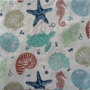 May include: A white background with a repeating pattern of sea life, including starfish, seahorses, seashells, and a sea turtle. The colors are blue, green, red, and brown.