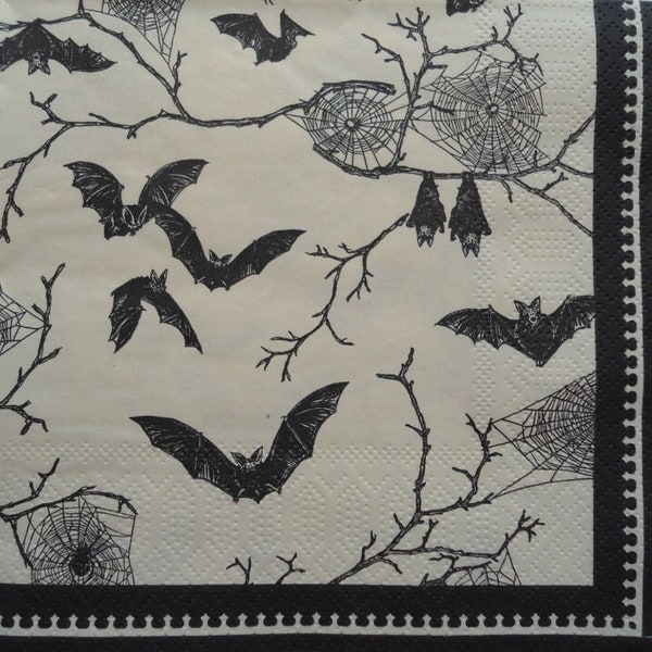 4 Decoupage Luncheon Napkins Crypts and Cobwebs Black Bats Tree Branches with Spider Webs Halloween Gothic Decor Paper Napkins