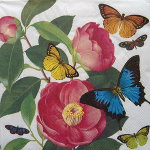 4 Decoupage Luncheon Napkins Glamorous Camellia Pink Flowers Blue Mountain Swallowtail Butterflies Floral Paper Napkins