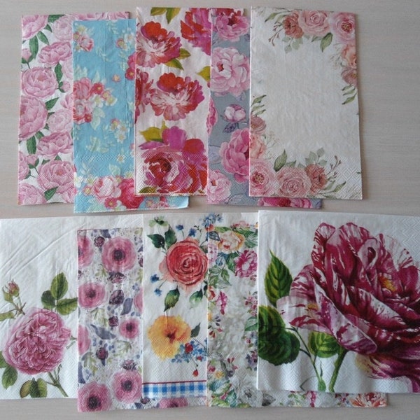 10 Single Shabby Chic Roses Flowers Paper Napkins Bundle for Decoupage Junk Journals Mixed Media Arts and Crafts Floral Assorted Sizes