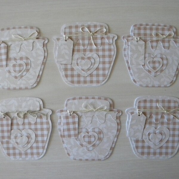 6 Jam Jar Shaped Mini Notecards / Gift Tags with Envelopes Brown and White Check Pattern Hearts Mason Jars Printed Paper 3.25" x 3.25" Set