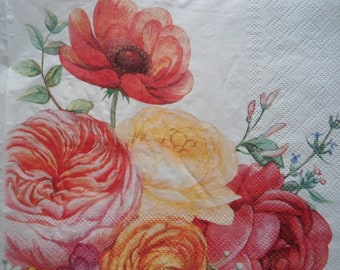 4 Decoupage Luncheon Napkins Garden Fresh Bold Flowers Roses Camellia Poppy Paper Napkins Shabby Chic