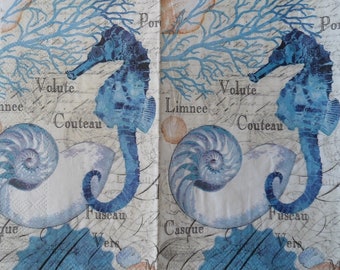 4 Decoupage Dinner Napkins Coastal Icon Seahorse Seashells Coral Blue Peach Beige Sea Ocean Writing Print Guest Towel Paper Napkins