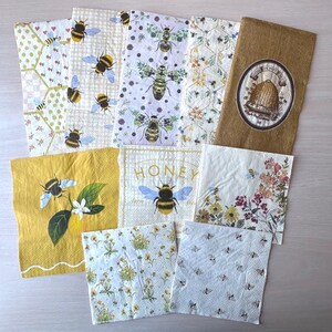 10 Single Bee Themed Floral Paper Napkins Bundle for Decoupage Junk Journals Mixed Media Arts and Crafts Assorted Sizes