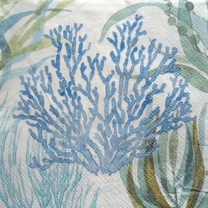 4 Decoupage Cocktail Napkins Soft Shores Teal and Turquoise Blue Coral Seaweed Sea life Ocean Plants Algae Beverage Paper Napkins