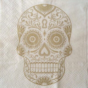 4 Decoupage Cocktail Napkins Golden Sugar Skull Cream Beige with Gold Metallic Ink Drawn Skull Day of The Dead Beverage Paper Napkins