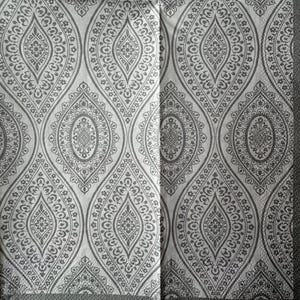 May include: A white fabric with a repeating pattern of gray, intricate, paisley-like designs. The fabric has a subtle texture.