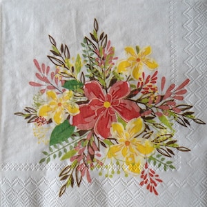 4 Decoupage Cocktail Napkins Jasmine Coral & Yellow Flowers on Cream with Green Leaves Paper Beverage Napkins