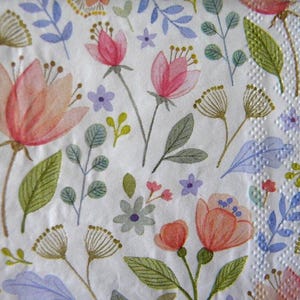 4 Decoupage Cocktail Napkins Spring Greetings Small Peach Pink Gold Purple Flowers and Leaves Beverage Paper Napkins
