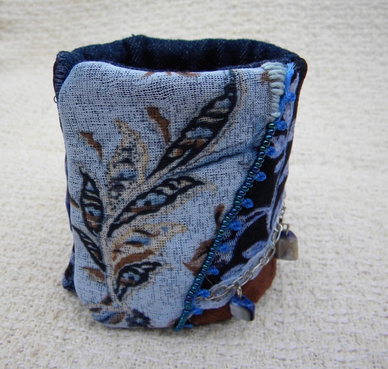 Cuff Bracelet Blue Floral Fabric Roses Beaded Bracelet Denim Etsy