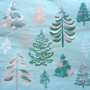 4 Decoupage Cocktail Napkins Shabby Chic Christmas Trees Pink White Teal Green Blue on Pastel Light Blue Beverage Paper Napkins